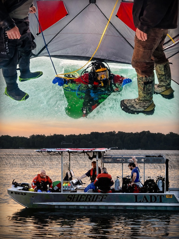 Chris Westlund ice diving with the Lakes Area Dive Team, and the LADT sheriff dive boat on a northern Minnesota lake