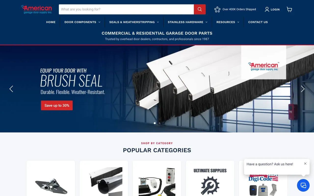 American Garage Door Supply ecommerce storefront on desktop