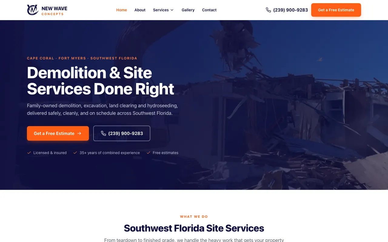 New Wave Concepts demolition website on desktop