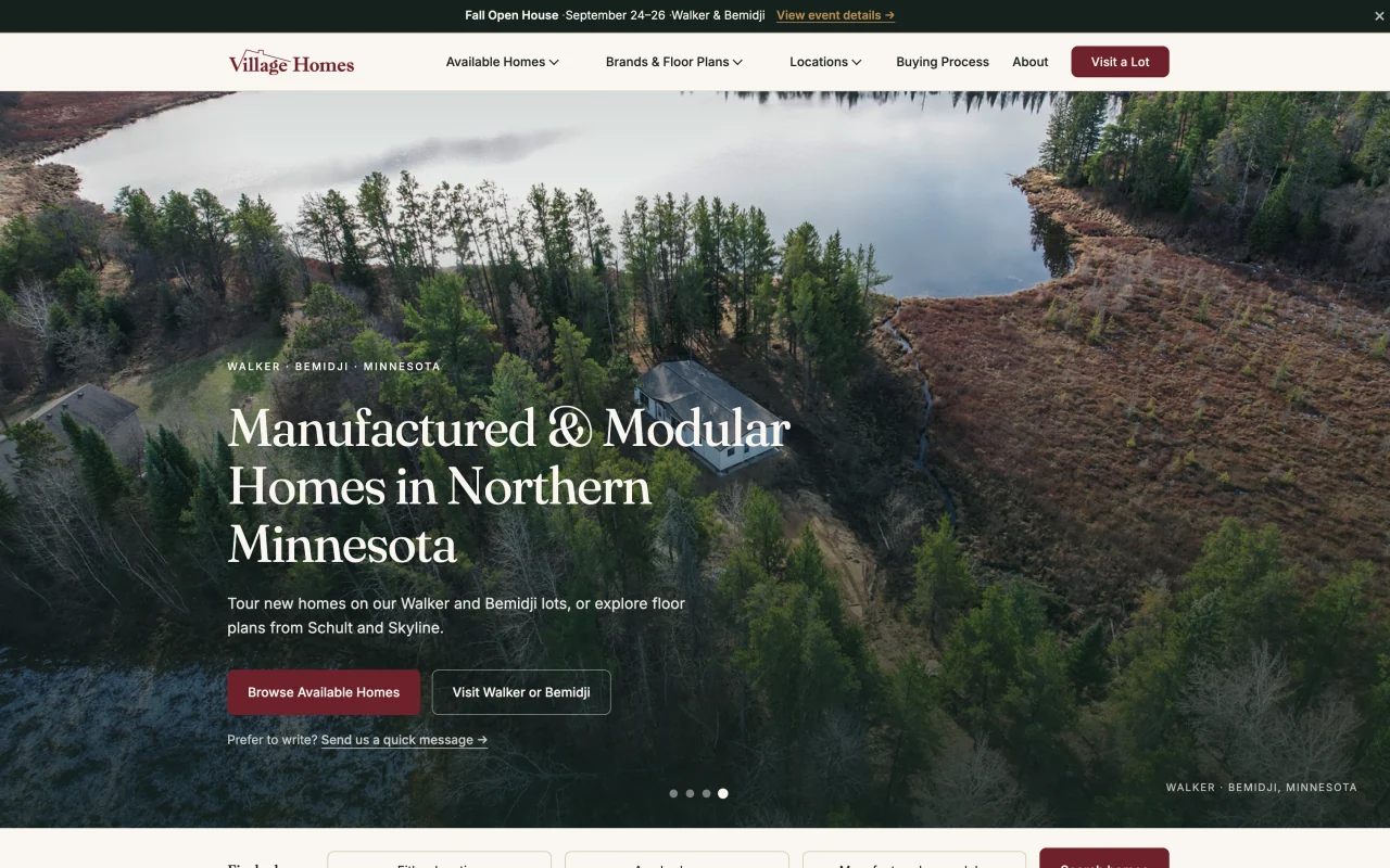 Village Homes manufactured and modular home website featuring an aerial Northern Minnesota landscape